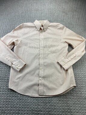 Eddie Bauer Button Up Shirt Men Medium M Orange White Checks Wrinkle Resistant